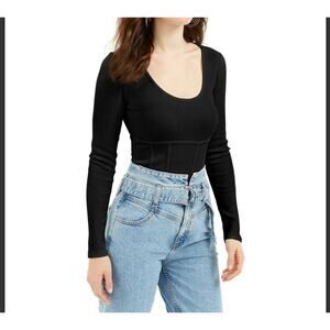 Guess Womens XS Charlie Ribbed Scoop Neck Tee Top Shirt Black form fitted NEW